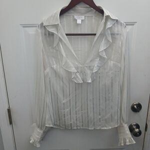 LOFT White Sheer Ruffle-Trim Long Sleeve Blouse